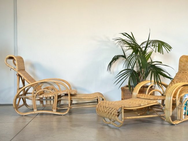 Coppia chaises longue bambù anni 80